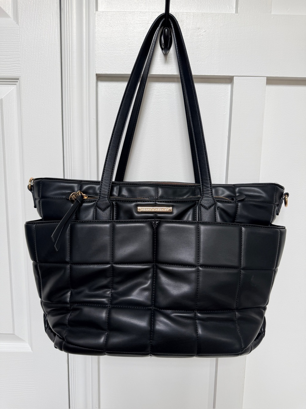 Poppy and peonies black quilted laptop tote “the birds papaya”